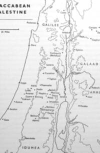 Black-and-white atlas map with sparse regional labels, dense small settlement labels, coastline and inland water outlines, Jordan valley drainage, and contour-based relief.