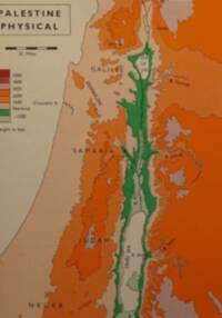 Physical map with distinct hypsometric elevation tints, contour-like linework, and widely letter-spaced regional labels.