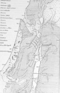 Monochrome French geological map of Palestine with dense patterned area fills, dark gray ink linework, and small settlement labels.