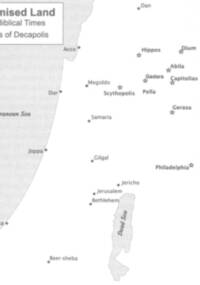 Monochrome grayscale atlas map with white land, lightly stippled gray water, medium-gray labels, and two city-symbol styles: filled dots and outlined stars.