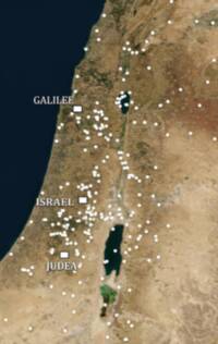 Satellite-image basemap with large outlined regional labels and many white circular point markers.