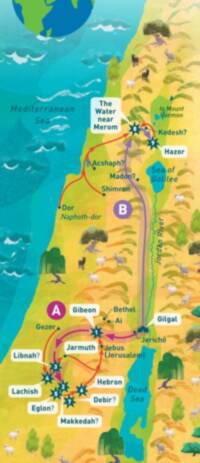 Bright children's-atlas style with painterly landcover, rounded callout labels, curving campaign arrows, and numbered star markers.