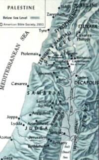 Two-color teal and dark-ink Bible atlas map with manual shaded relief, white water areas, dark settlement dots, and stippling for below-sea-level terrain.