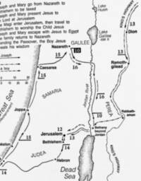 Monochrome black-and-white Bible atlas map with hand-lettered labels, stippled water bodies, dotted boundaries, and multiple numbered arrowed journey routes.