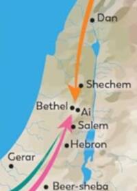 The map uses a satellite-style shaded beige terrain base with bright cyan-blue water, dark city labels, black filled city dots, and broad colored movement arrows overlaid on the terrain.