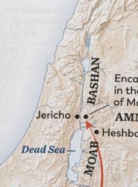 Cropped full-color Bible atlas map with warm beige shaded relief, pale blue water, dark blue hydrography, large black regional labels, black city dots, and a red route arrow.