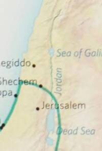 The crop shows a soft National Geographic-style shaded landcover basemap with muted tan land, pale blue-green water, dark gray-green labels, and a prominent turquoise route or movement line.