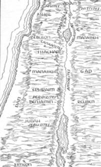 Monochrome hand-drawn Bible atlas map with white unprinted surfaces, gray hachured relief, irregular regional divisions, and uppercase handwritten regional labels.