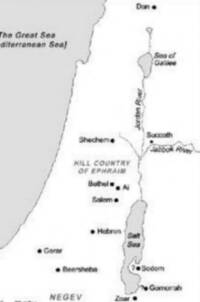 Monochrome flat Bible atlas map with white land, gray water bodies, dark settlement dots, and italic water and physical-region labels.