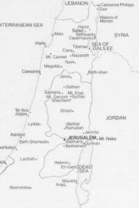 Monochrome atlas map using gray linework, dot textures for water, filled dot city symbols, filled triangle mountain symbols, and sans-serif labels.