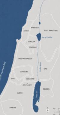 Flat two-color atlas style with dark blue water, light gray land, white regional borders, and sparse black labeling for tribal regions and Jerusalem.