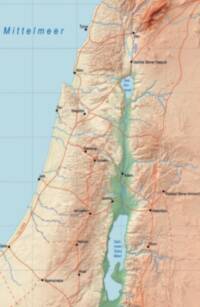 Modern shaded-relief Bible atlas style with hypsometric elevation tints, pale blue water, blue hydrography, red-orange roads/routes, black settlement labels, and a muted graticule.