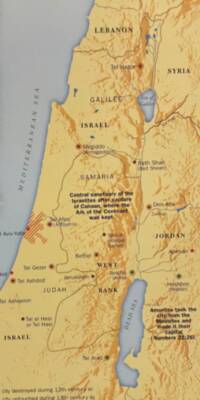 Full-color shaded-relief atlas map with tan land, blue-gray water vignettes, black typography, colored site symbols, and explanatory callout text.
