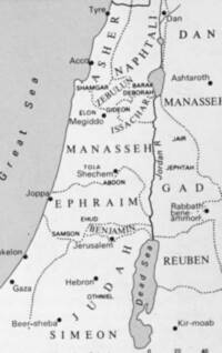 Monochrome flat atlas map with unprinted white land, gray water, black labels, filled city dots, solid shore and river lines, and dotted tribal boundary lines.