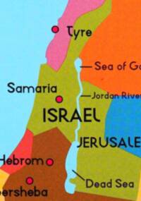 Flat, high-saturation political-region map with large rounded black sans-serif labels and simple cyan water shapes.