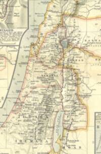Cropped atlas sheet shows the Palestine map with a Jerusalem inset at upper left, a cropped legend at lower right, graticule lines, pastel regional washes, and subdued manual relief shading.