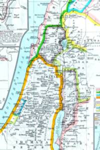 The map uses a pale cyan water scheme, dark serif lettering, manual gray relief texture, and wide bright color bands for historical or regional extents. Region colors are mostly edge bands and boundary corridors rather than full-area fills.