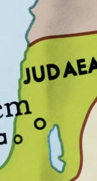 Cropped flat-color Bible atlas map area with bright region fills, thick brown boundary bands, black labels and open-circle city symbols, and light blue water outlined by dark teal shorelines.