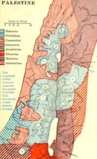 Flat atlas map with contour relief, dark printed labels, and multiple patterned color fills for ancient peoples and tribal territories.