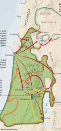 Cropped modern atlas map with shaded-relief basemap, highlighted territorial fills, dense city labeling, callout leader lines at the margins, and prominent colored movement arrows.