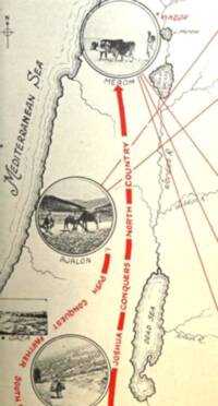 Two-color hand-drawn Bible atlas style with warm cream ground, dark brown-black map ink, and red conquest routes and annotations.