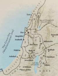 Flat-color Bible atlas map with pale blue water, beige land, manual gray-brown relief shading, black settlement symbols, and black solid/dashed territorial boundaries.