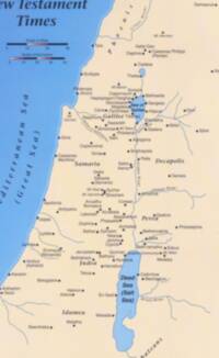 Flat-color Bible atlas map with pale tan land, blue water, blue river network, gray-brown labels, and dark point symbols for cities and mountains.