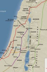 Modern shaded-relief Bible atlas style with beige land, blue water, black labels and point symbols, and multiple thick colored route lines over thin gray road connections.