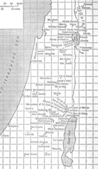 Black-and-white atlas map with stippled water, white land, dark linework, settlement dots, and a regular rectangular grid.