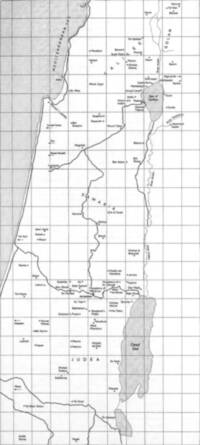 Black-and-white atlas style with white land, gray water, dark settlement dots, route lines, regional outlines, and a full square grid.