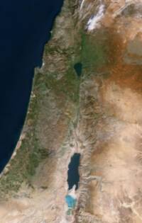 Satellite-image style map with natural-color terrain, visible relief from imagery and shadows, dark sea surfaces, green vegetation zones, tan deserts, and no overprinted place labels.