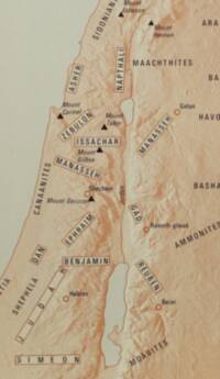 Sepia two-color atlas style with pale gray-green water, warm tan land, stepped shaded relief, thin red-brown boundaries, and many tribal names set in outlined cartouches.