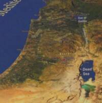 The map uses satellite-like shaded relief with hypsometric earth tones, dark blue water, red settlement dots, pale sans-serif place labels, and gold italic regional labels.