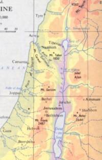 Cropped atlas map of Palestine using distinct hypsometric elevation tints with blue hydrography, dark serif place labels, and a brown-black grid.