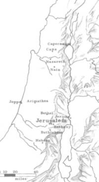 Monochrome grayscale Bible atlas map with white ground, gray type, solid gray drainage and outlines, and manually drawn shaded relief.