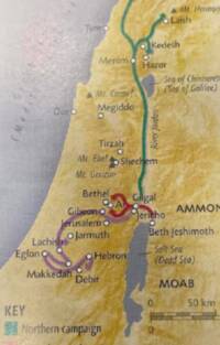 The map uses a flat parchment-toned basemap with digital shaded relief, gray stippled water, open-circle city symbols, dark triangular mountain symbols, and overprinted colored campaign movement routes.