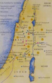 Patterned beige land, mottled blue water, colored point symbols, and dotted administrative boundaries create a hand-rendered historical atlas style.