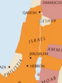 Flat-color Bible atlas style with strong pastel region fills, pale blue water, thin subdued boundary outlines, and large serif place names.