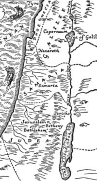 One-color hand-drawn atlas style using black ink on white, with wavy sea texture, heavy coastlines, dashed regional boundaries, and hachured illustrated hills.