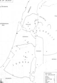 Black-and-white flat Bible atlas map using white land and water surfaces, gray outlines, dashed regional borders, filled settlement dots, and widely spaced all-capital regional lettering.