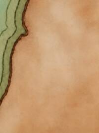 Visible portion uses a full-color patterned parchment style with warm tan land/background, muted green water at the left edge, and heavy irregular dark shoreline treatment.