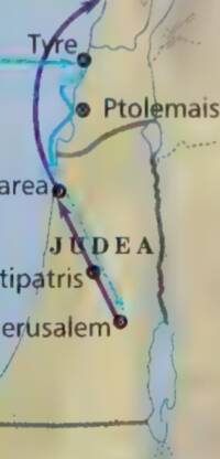 Visible style combines pale blue water, cyan coastal edging, tan-to-green hypsometric land tinting, gray dotted boundaries, dark gray sans-serif city labels, and a prominent purple journey route along the Levant coast and inland toward Jerusalem.