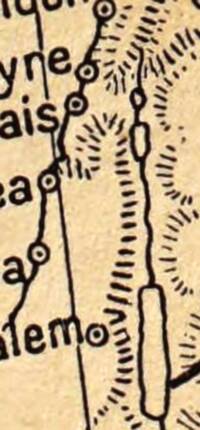 Visible crop uses monochrome dark ink over a light background, with hand-drawn route lines, open-circle city stops, and dense manual hachures for relief.