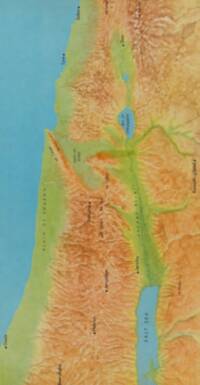 The map uses painted shaded relief with green lowlands, warm tan and orange-brown uplands, blue water, and dark brown-black labels and point symbols.