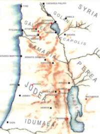 Watercolor-style flat Bible atlas map with pale land, blue-green water bodies, reddish manual relief shading, dark boundary and drainage lines, large gray region names, and small city labels keyed by black square or red dot point symbols.