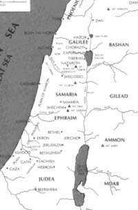 Monochrome flat Bible geography map with hand-lettered labels, gray water bodies, white land, thin gray rivers and regional divisions, dot symbols for cities, and filled triangle symbols for mountains.