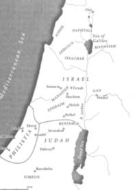 Monochrome grayscale Bible atlas map with white land, stippled gray water, serif labels, open-circle city symbols, thin gray drainage, and dashed territorial boundaries.