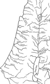 Monochrome flat line map with white/unprinted land and water areas, black drainage network, coastline, inland-water outlines, and labels.