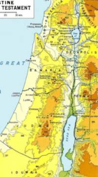 Cropped Bible atlas map uses pale blue water, black settlement and regional lettering, dashed black routes or boundaries, and hypsometric elevation tints across the land.