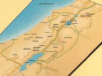 Full-color flat Bible atlas map with warm tan land, blue water, ochre hachured relief, and olive dashed regional boundaries.